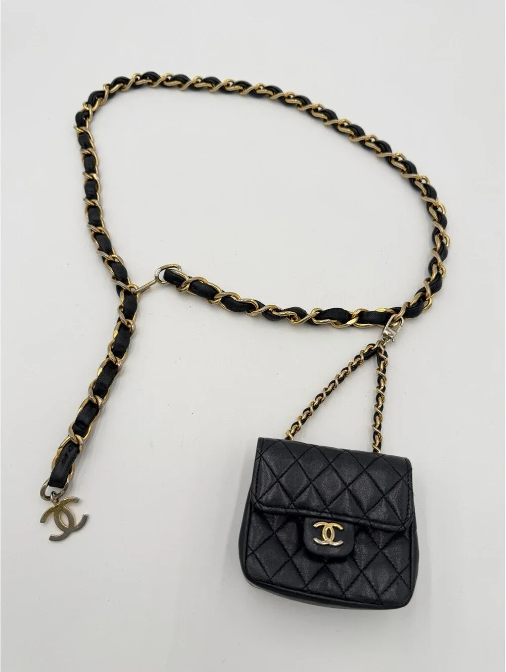 Chanel Vintage Gold Chain Belt Micro Bag & CC Charm One Size